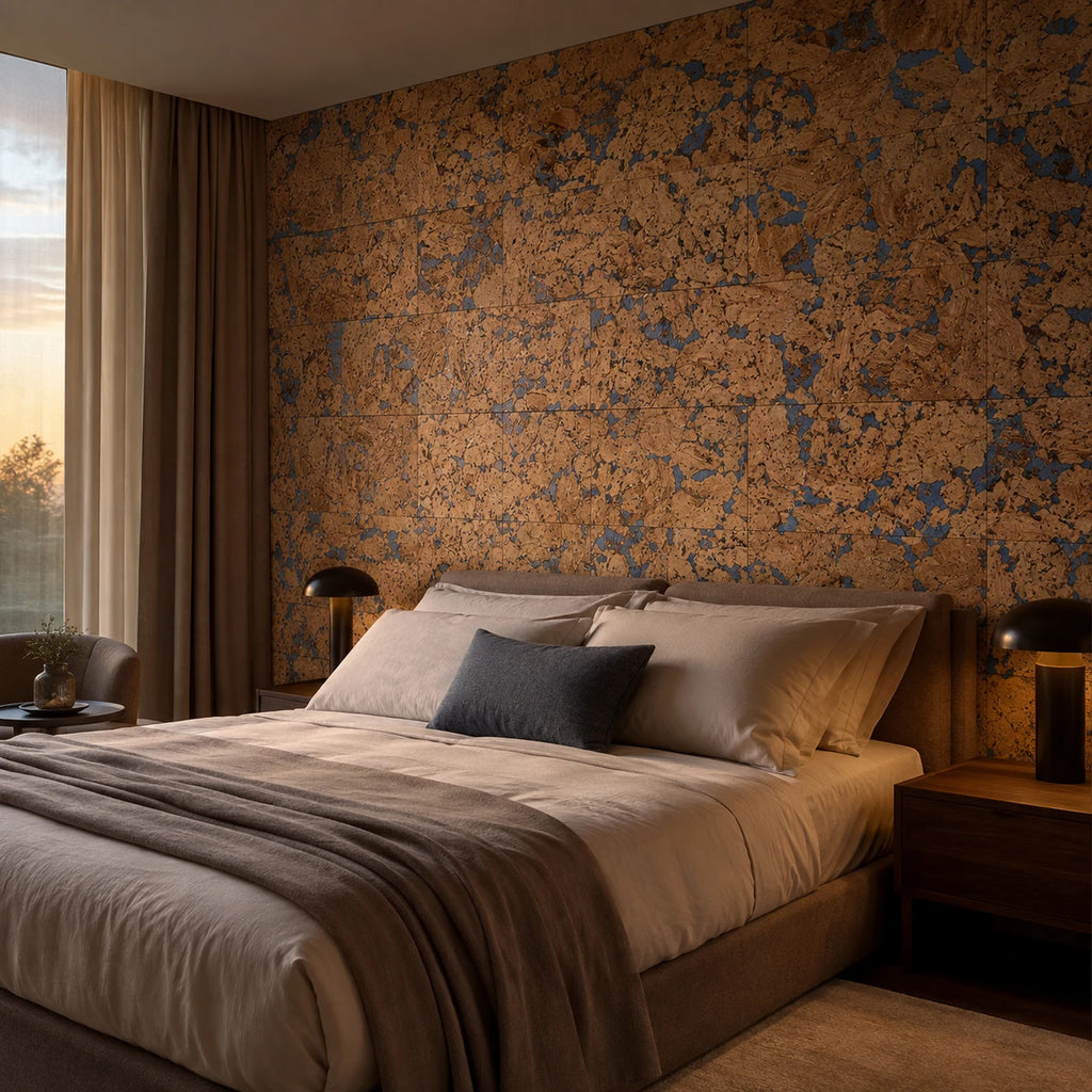 Cloud Blue cork wall tile shown in a conceptual residential bedroom visualization