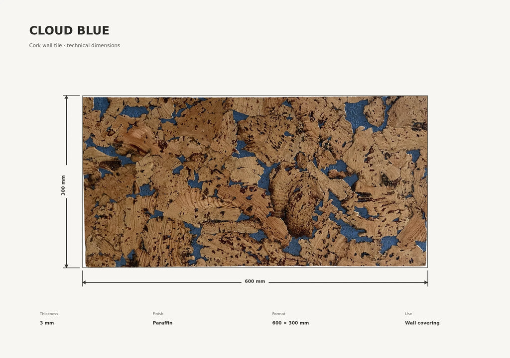 Cloud Blue cork wall tile dimensions for the 600 × 300 × 3 mm format; 300 × 300 mm format also available