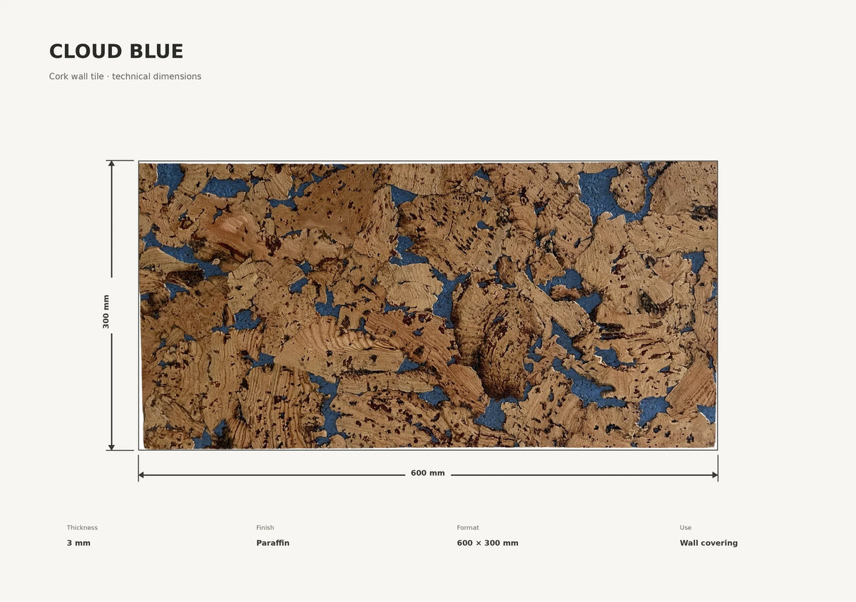 Cloud Blue cork wall tile dimensions for the 600 × 300 × 3 mm format; 300 × 300 mm format also available