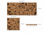 Cloud Brown cork wall tile technical dimensions, 600 × 300 mm and 300 × 300 mm, 3 mm thick