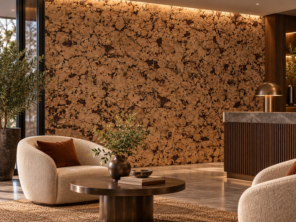 Cloud Brown cork wall tile in a premium hospitality interior