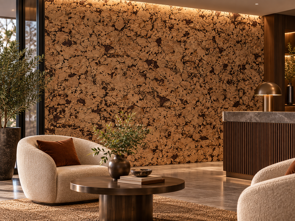 Cloud Brown cork wall tile in a premium hospitality interior