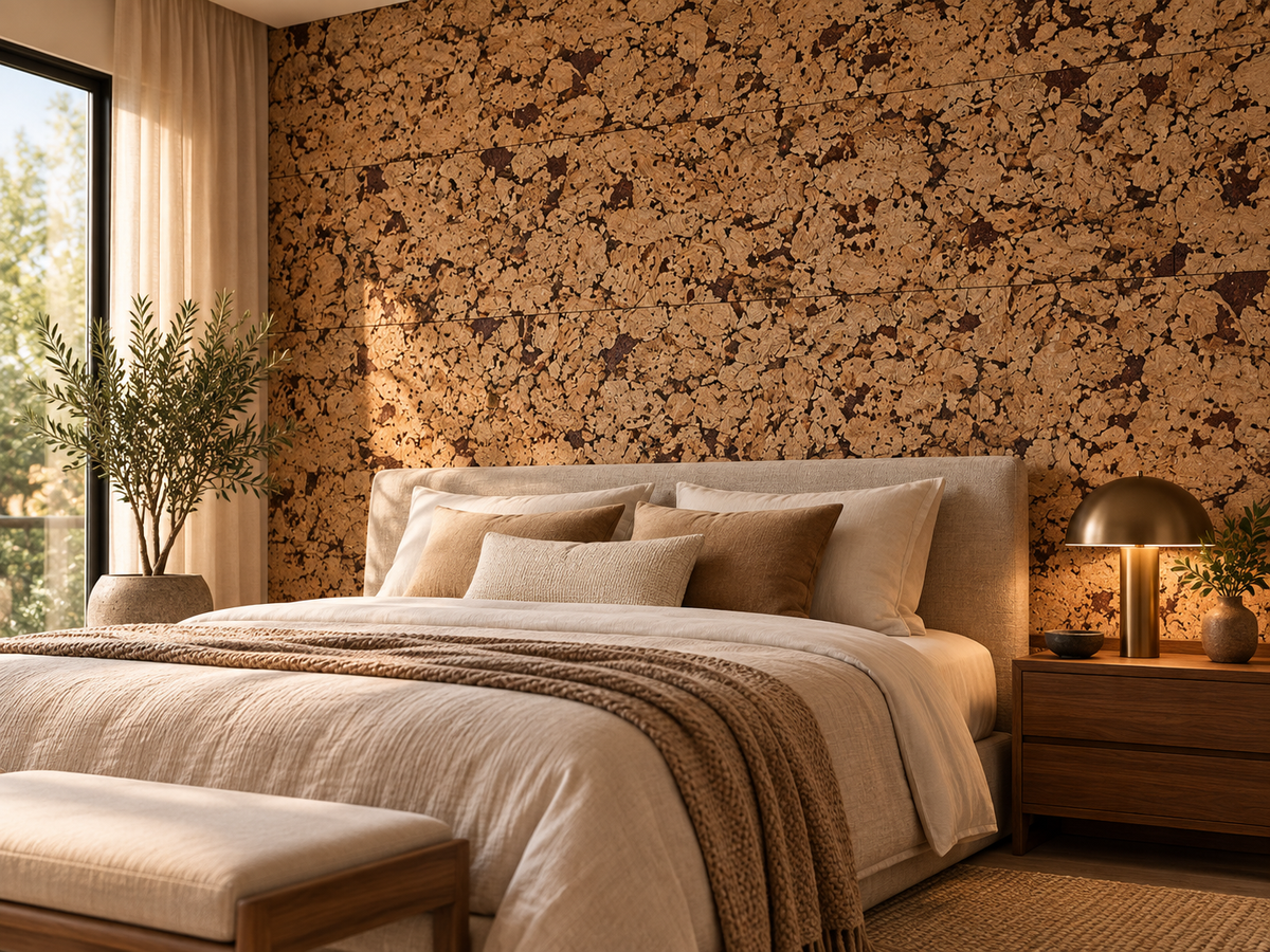 Cloud Brown cork wall tile in a premium residential bedroom