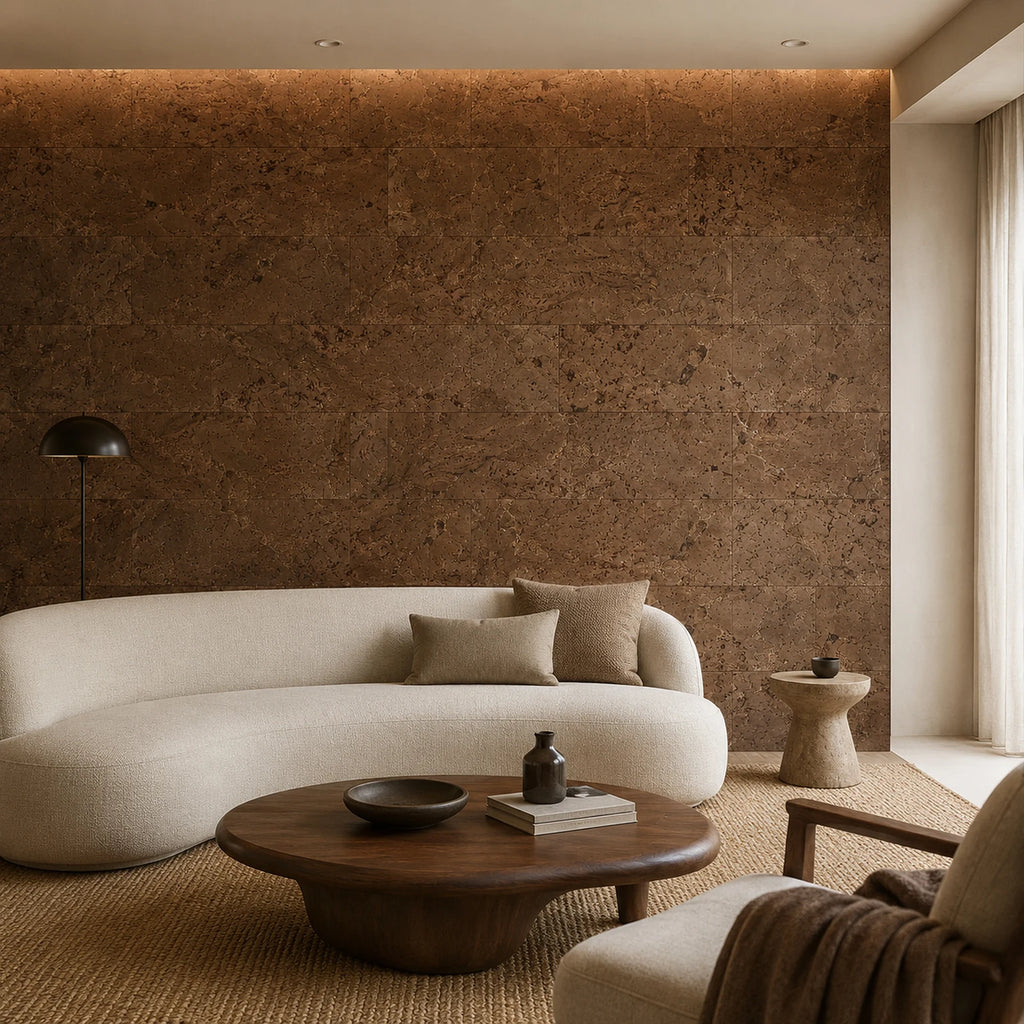 Cloud Chocolat cork wall tile shown in a conceptual architectural interior visualization
