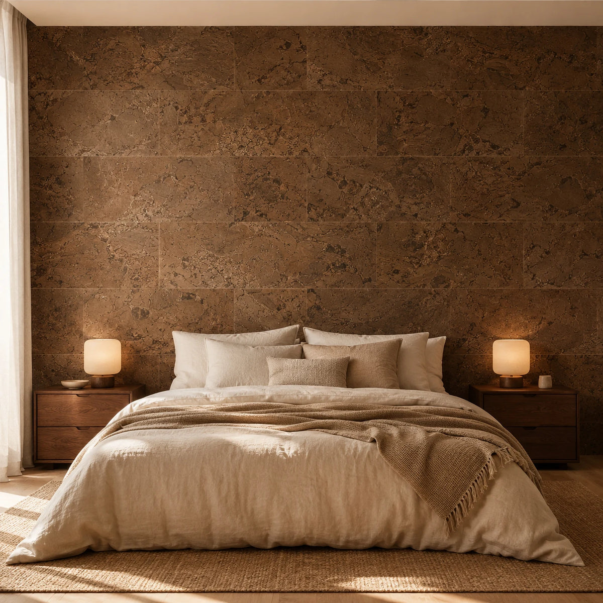 Cloud Chocolat cork wall tile shown in a conceptual residential bedroom visualization