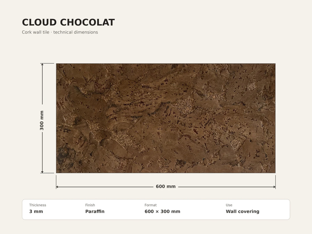 Cloud Chocolat cork wall tile dimensions for the 600 × 300 × 3 mm format; 300 × 300 mm format also available