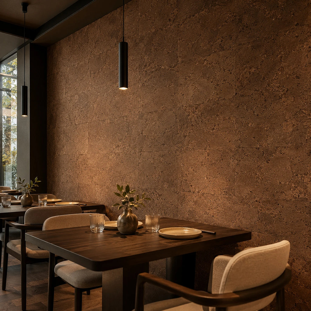 Cloud Chocolat cork wall tile shown in a conceptual hospitality restaurant visualization