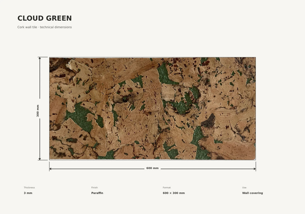 Cloud Green cork wall tile dimensions for the 600 × 300 × 3 mm format; 300 × 300 mm format also available