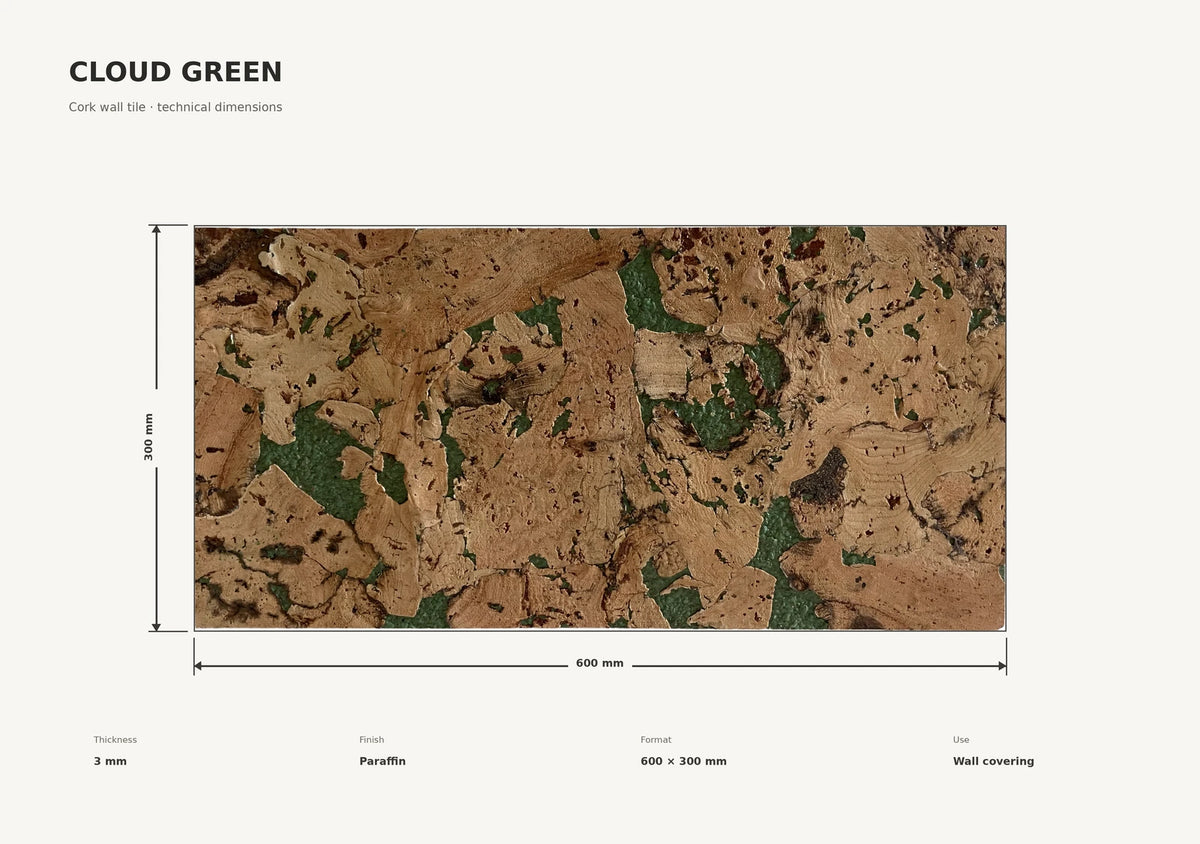 Cloud Green cork wall tile dimensions for the 600 × 300 × 3 mm format; 300 × 300 mm format also available