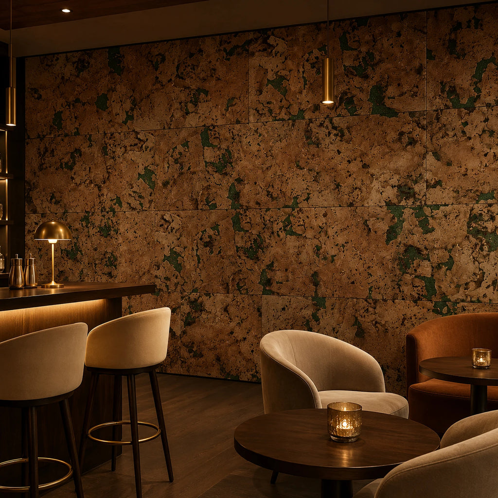 Cloud Green cork wall tile shown in a conceptual commercial hospitality visualization