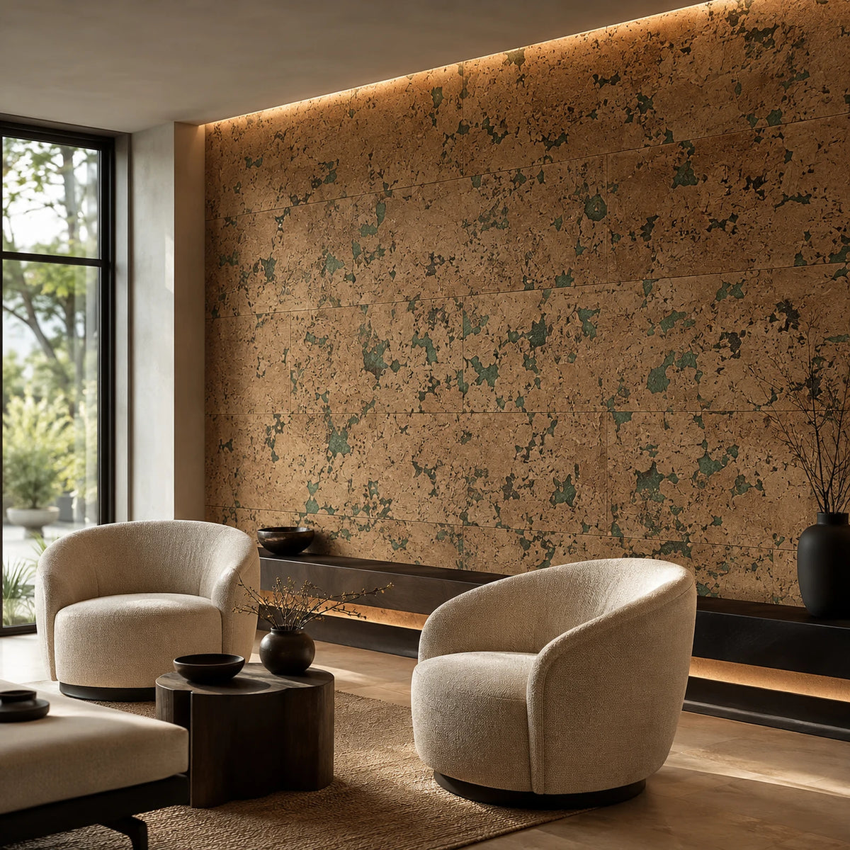 Cloud Green cork wall tile shown in a conceptual residential interior visualization