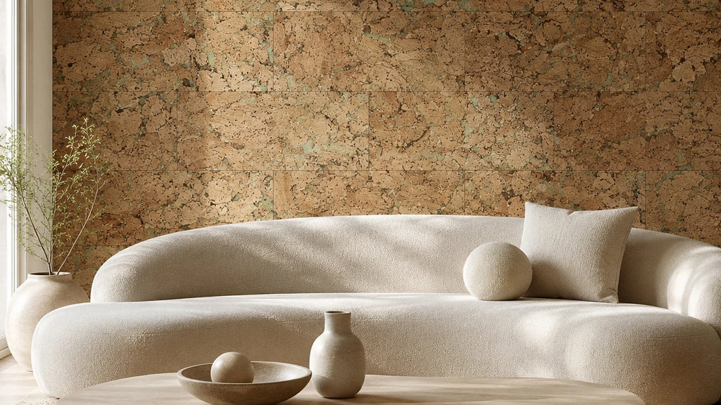 Cloud Mintgreen cork wall tile shown in a conceptual architectural interior visualization