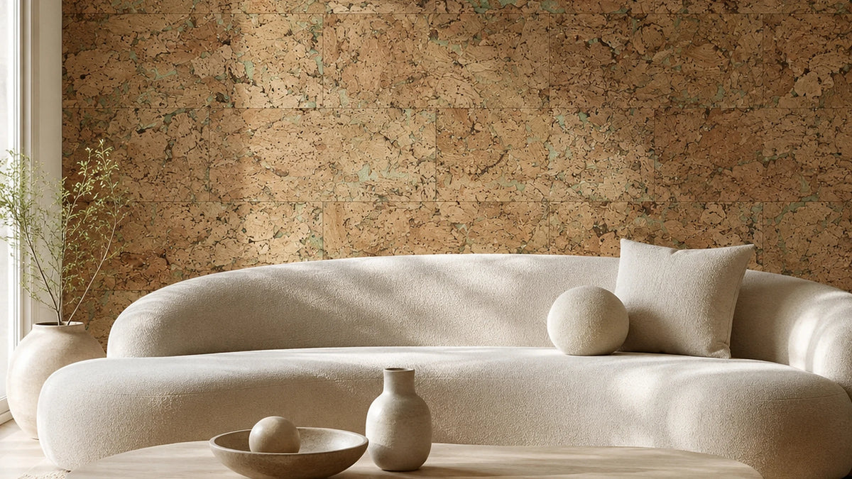 Cloud Mintgreen cork wall tile shown in a conceptual architectural interior visualization