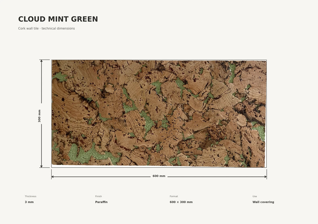 Cloud Mintgreen cork wall tile dimensions for the 600 × 300 × 3 mm format; 300 × 300 mm format also available