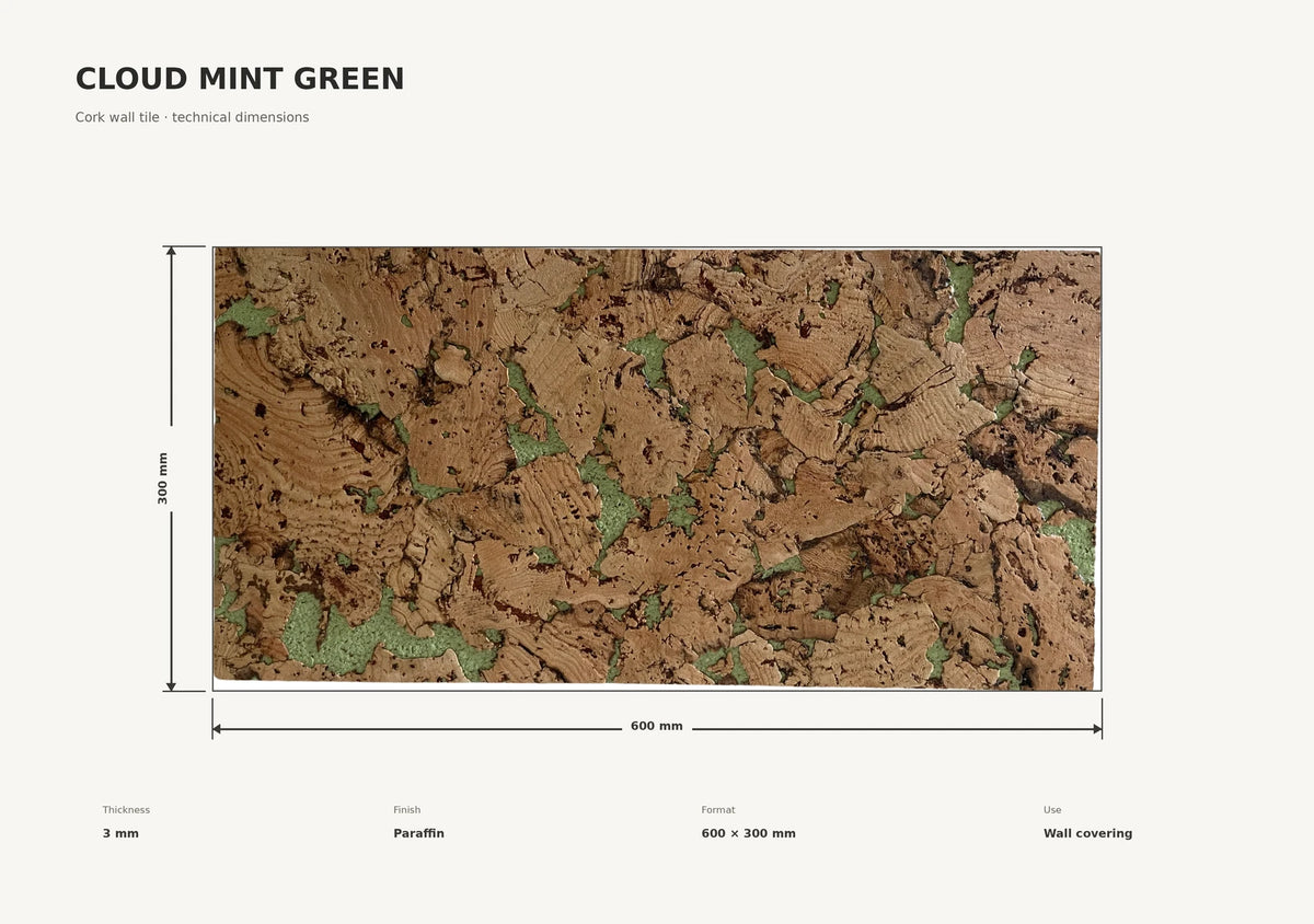Cloud Mintgreen cork wall tile dimensions for the 600 × 300 × 3 mm format; 300 × 300 mm format also available