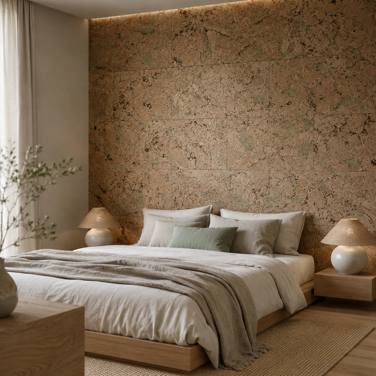 Cloud Mintgreen cork wall tile shown in a conceptual residential interior visualization
