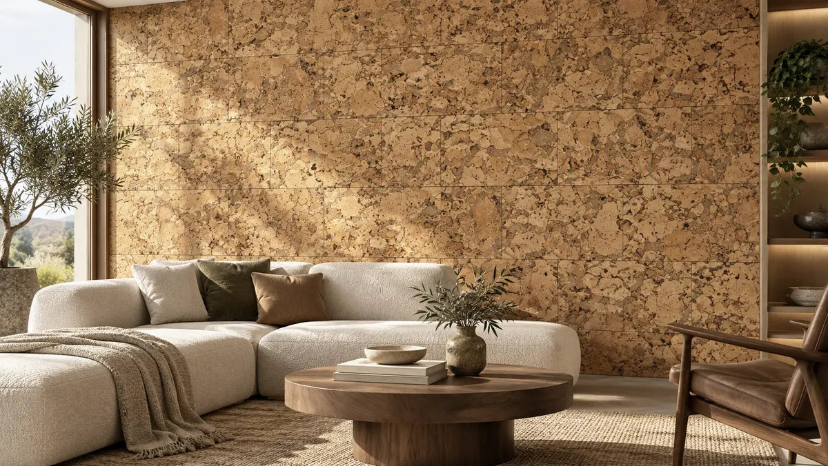 Cloud Natural cork wall tile shown in a conceptual architectural interior visualization