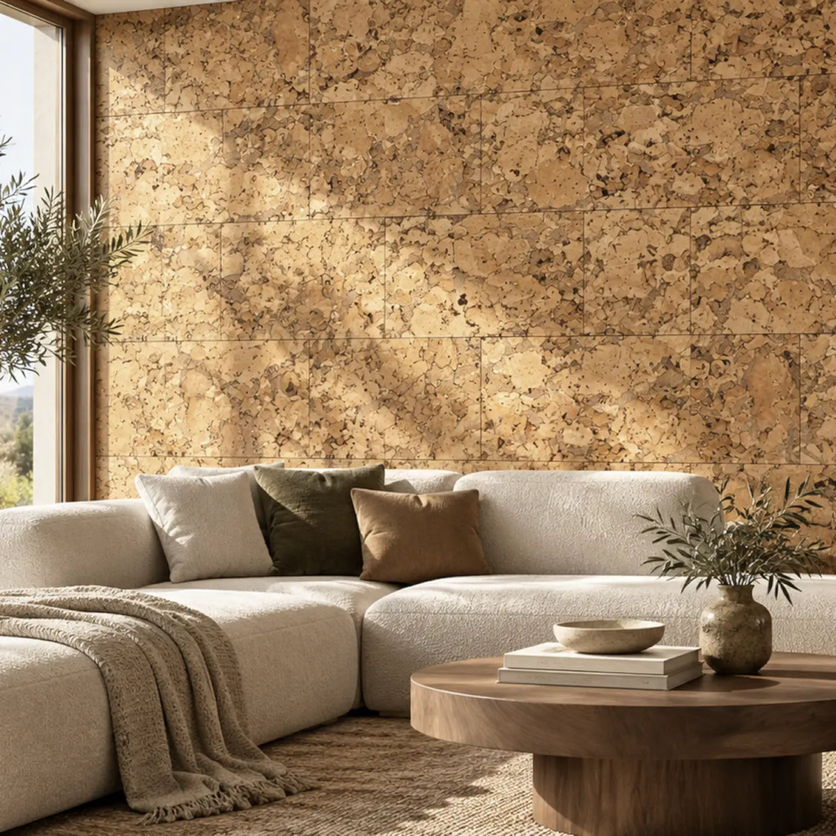 Cloud Natural cork wall tile shown in a conceptual residential bedroom visualization