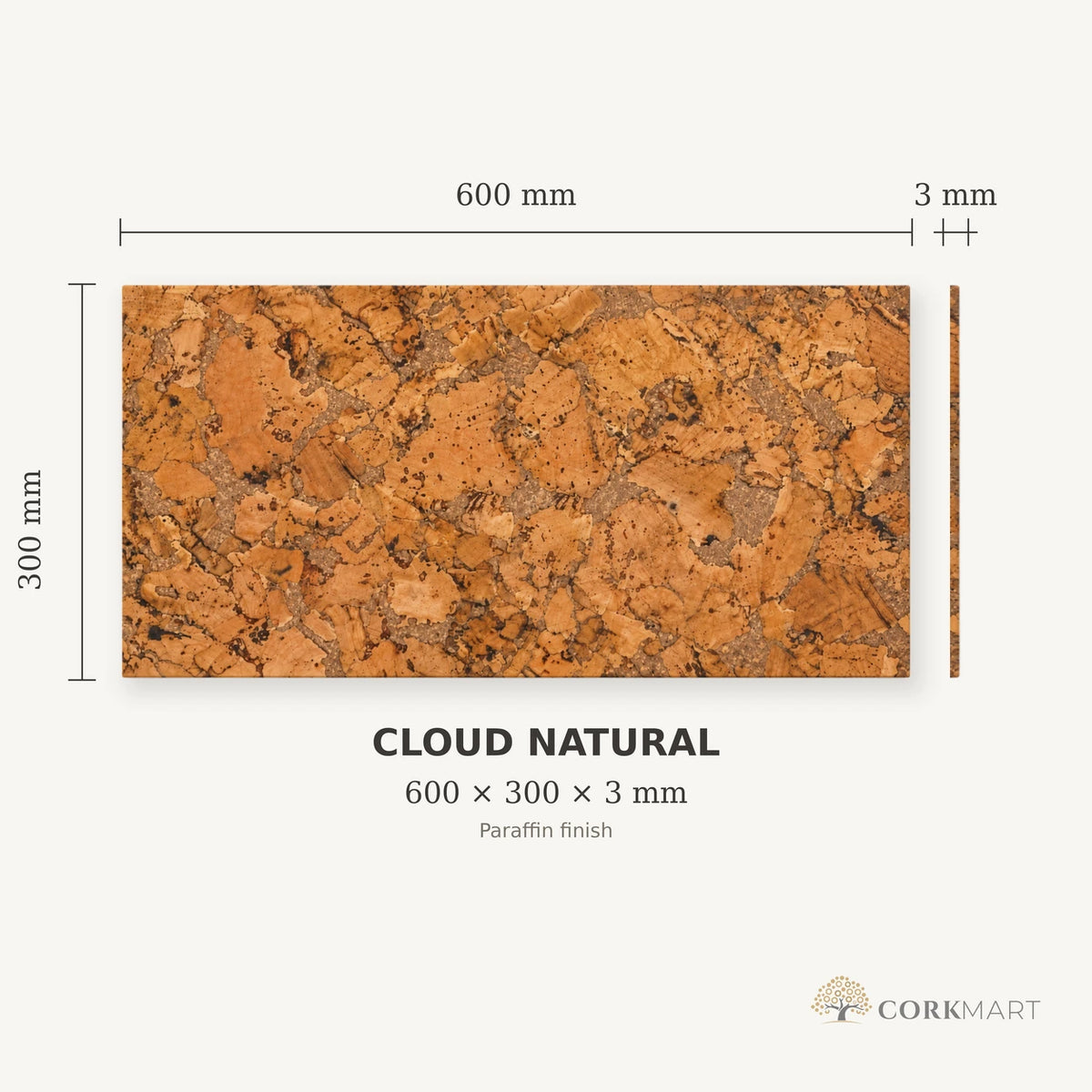 Cloud Natural cork wall tile dimensions for the 600 × 300 × 3 mm format; 300 × 300 mm format also available