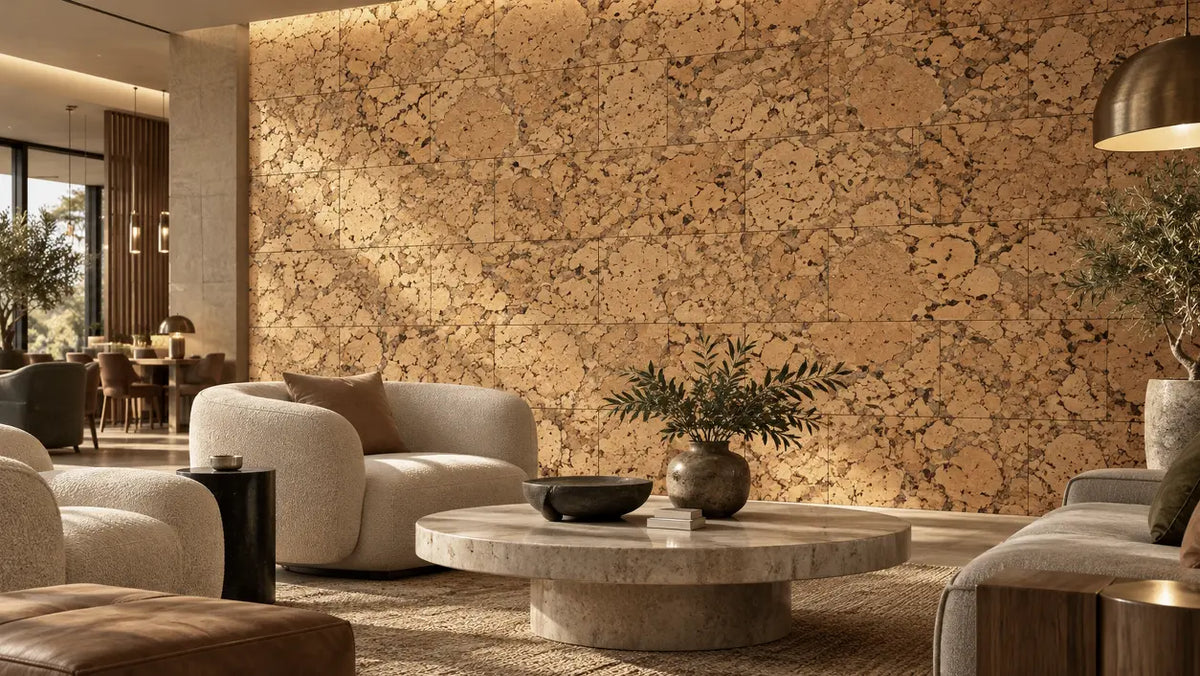 Cloud Natural cork wall tile shown in a conceptual hospitality reception visualization