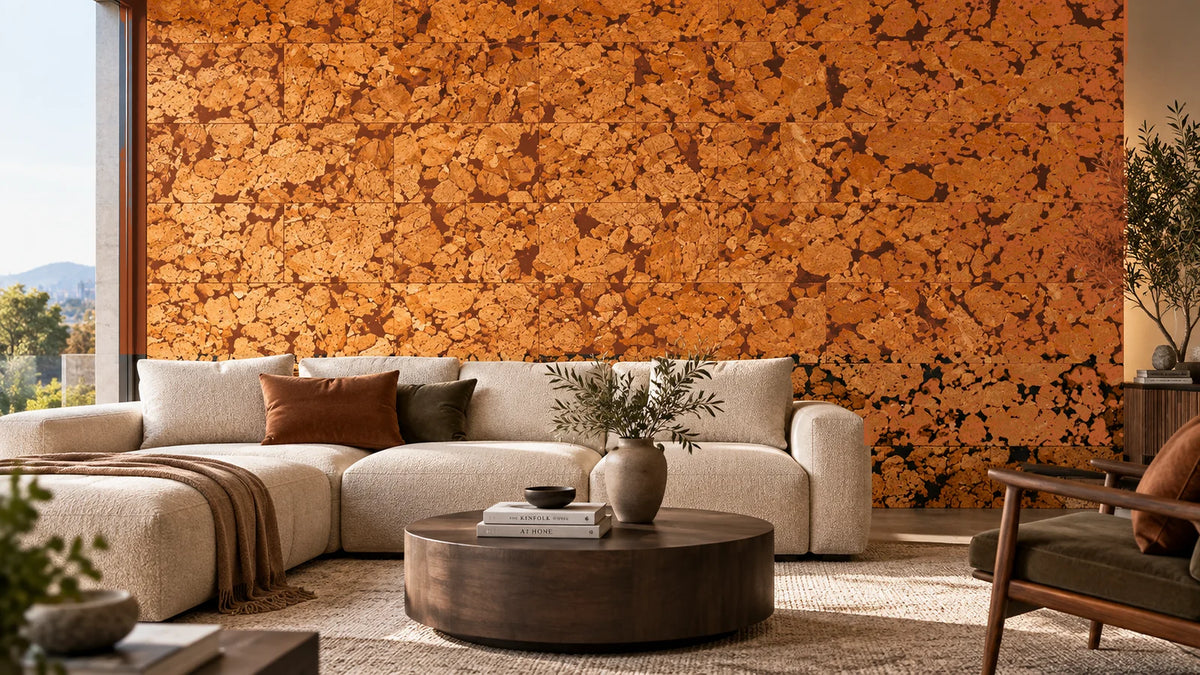 Cloud Orange cork wall tile shown in a conceptual architectural interior visualization