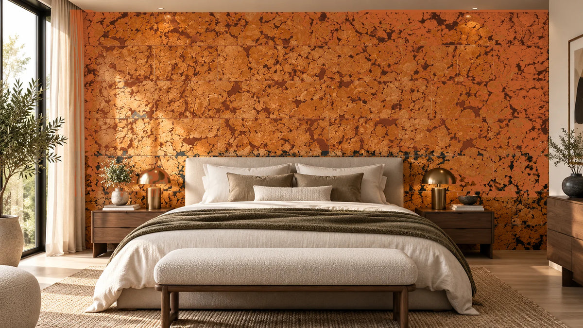 Cloud Orange cork wall tile shown in a conceptual residential bedroom visualization