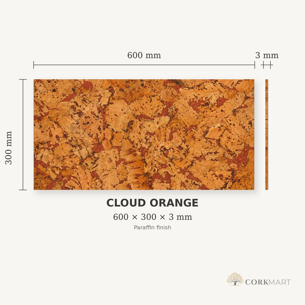 Cloud Orange cork wall tile dimensions for the 600 × 300 × 3 mm format; 300 × 300 mm format also available