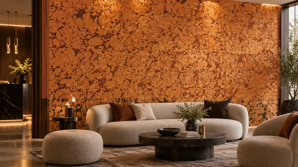 Cloud Orange cork wall tile shown in a conceptual hospitality reception visualization