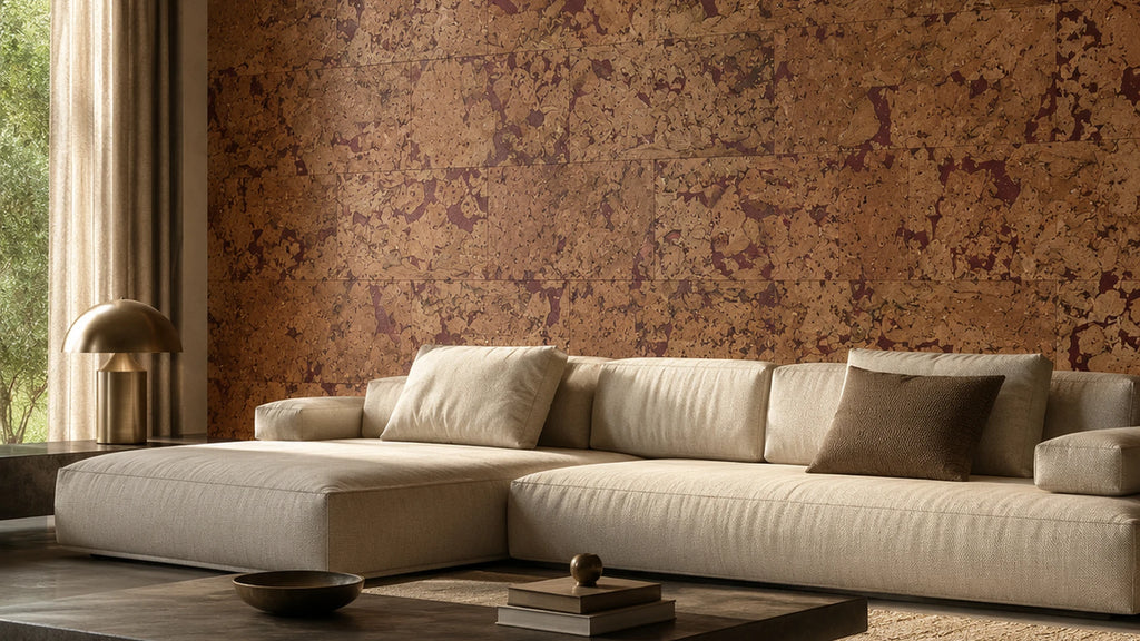Cloud Red cork wall tile shown in a conceptual architectural interior visualization