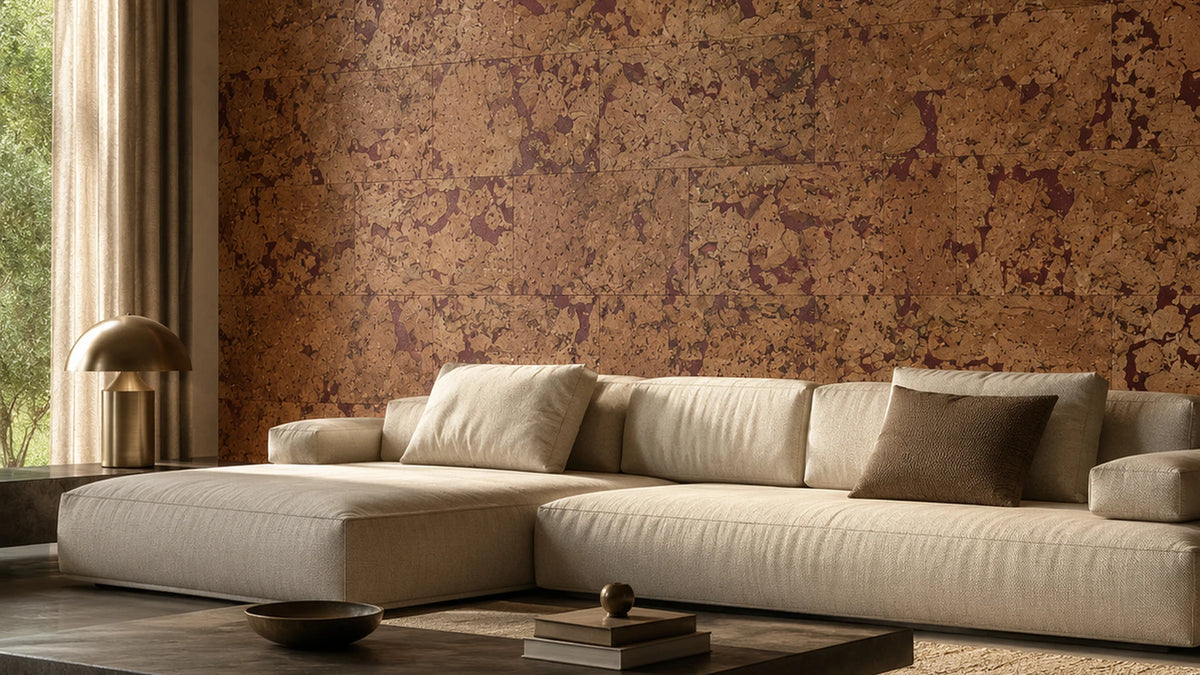Cloud Red cork wall tile shown in a conceptual architectural interior visualization