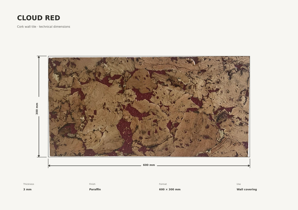 Cloud Red cork wall tile dimensions for the 600 × 300 × 3 mm format; 300 × 300 mm format also available