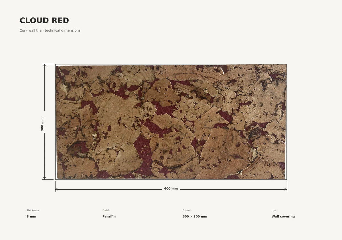 Cloud Red cork wall tile dimensions for the 600 × 300 × 3 mm format; 300 × 300 mm format also available