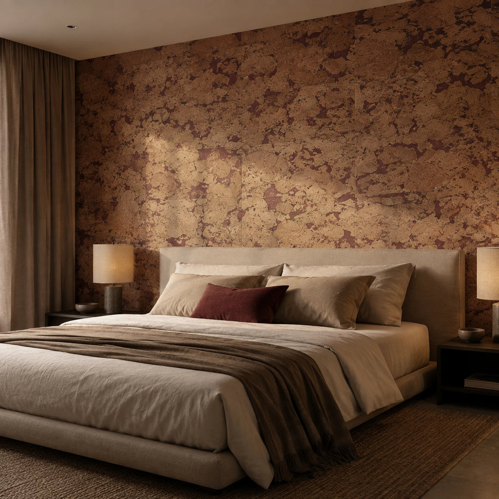 Cloud Red cork wall tile shown in a conceptual residential interior visualization