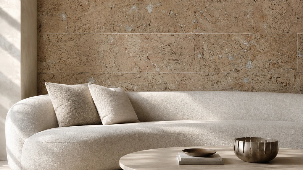 Cloud Snow Cream cork wall tile shown in a conceptual architectural interior visualization
