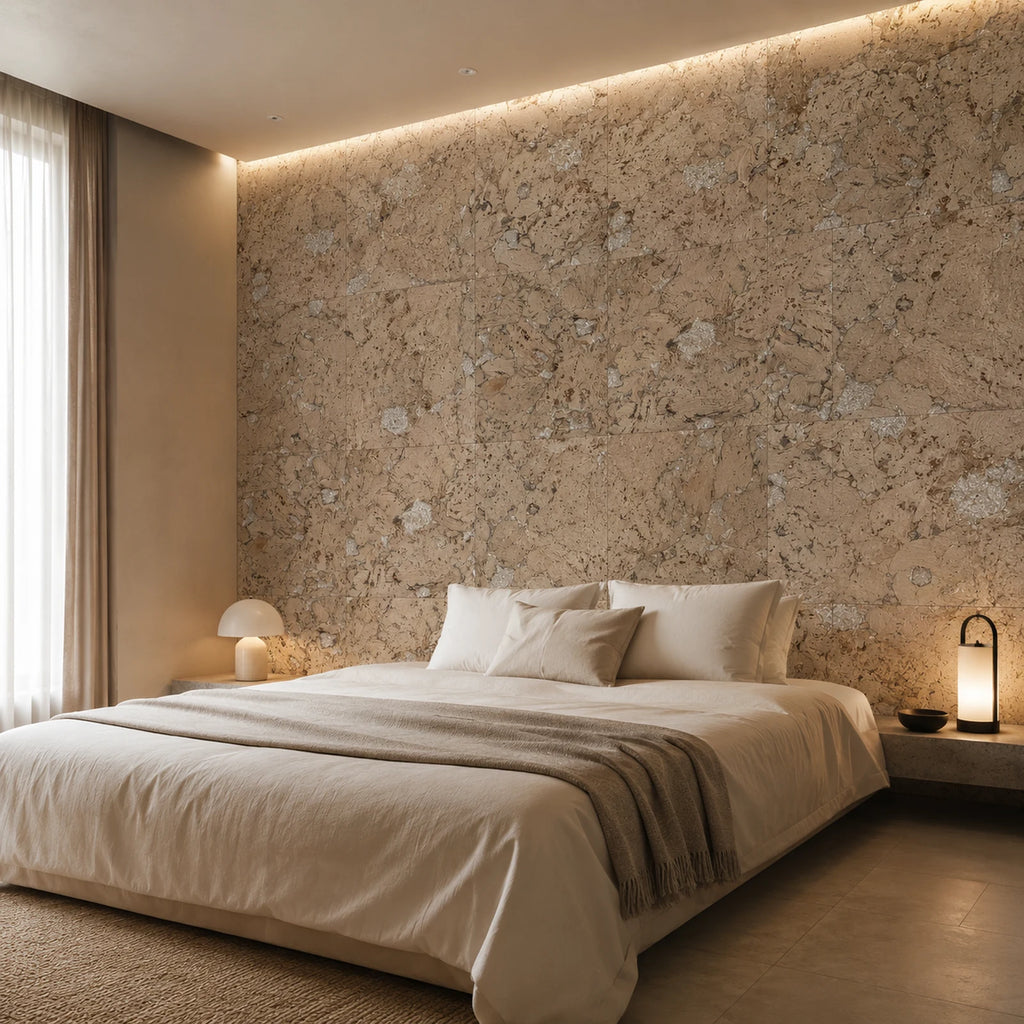 Cloud Snow Cream cork wall tile shown in a conceptual residential bedroom visualization