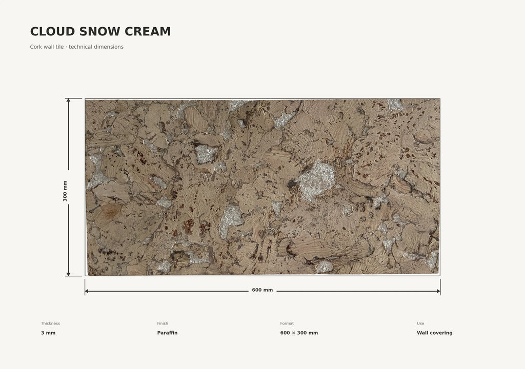 Cloud Snow Cream cork wall tile dimensions for the 600 × 300 × 3 mm format; 300 × 300 mm format also available