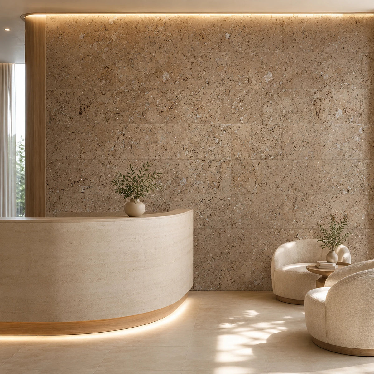 Cloud Snow Cream cork wall tile shown in a conceptual hospitality reception visualization