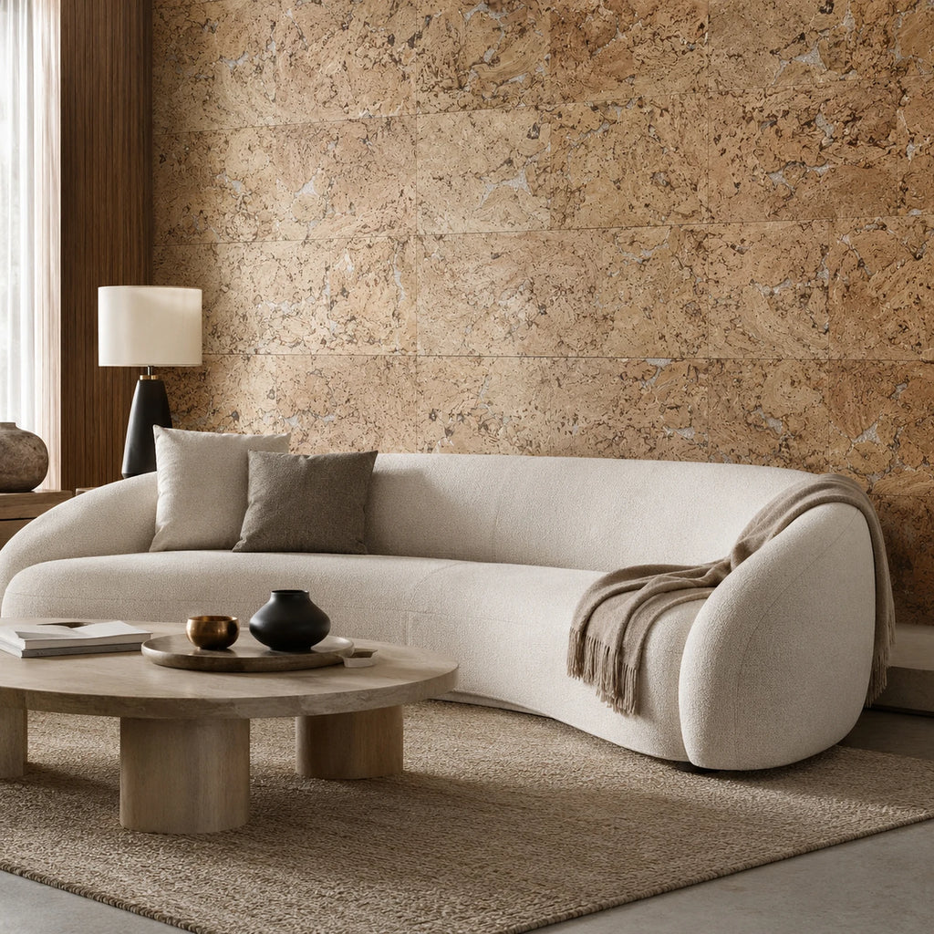 Cloud White cork wall tile shown in a conceptual architectural interior visualization