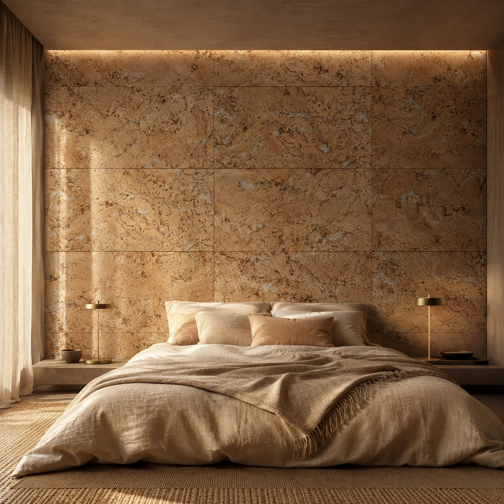 Cloud White cork wall tile shown in a conceptual residential bedroom visualization