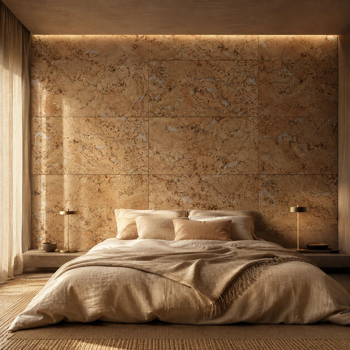 Cloud White cork wall tile shown in a conceptual residential bedroom visualization
