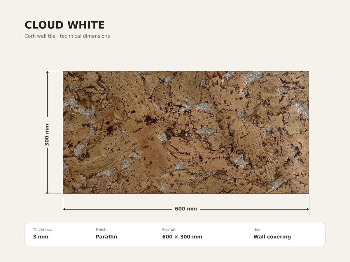 Cloud White cork wall tile dimensions for the 600 × 300 × 3 mm format; 300 × 300 mm format also available