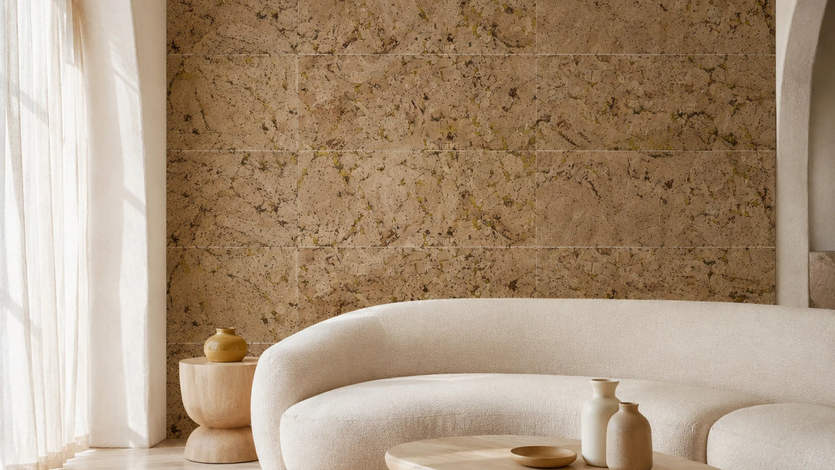 Cloud Yellow cork wall tile shown in a conceptual architectural interior visualization