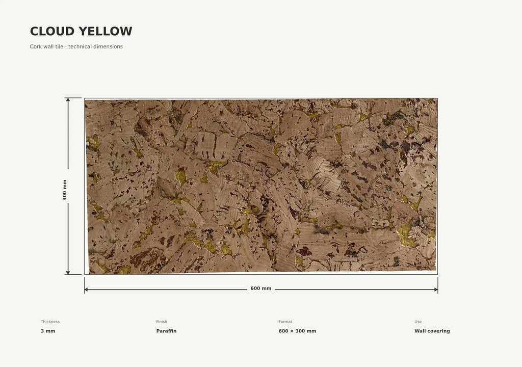 Cloud Yellow cork wall tile dimensions for the 600 × 300 × 3 mm format; 300 × 300 mm format also available