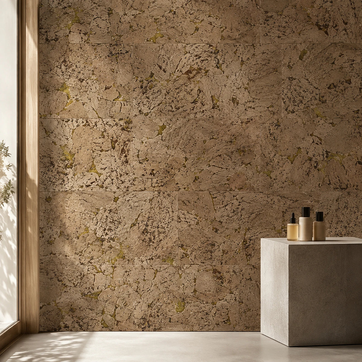 Cloud Yellow cork wall tile shown in a conceptual commercial hospitality visualization