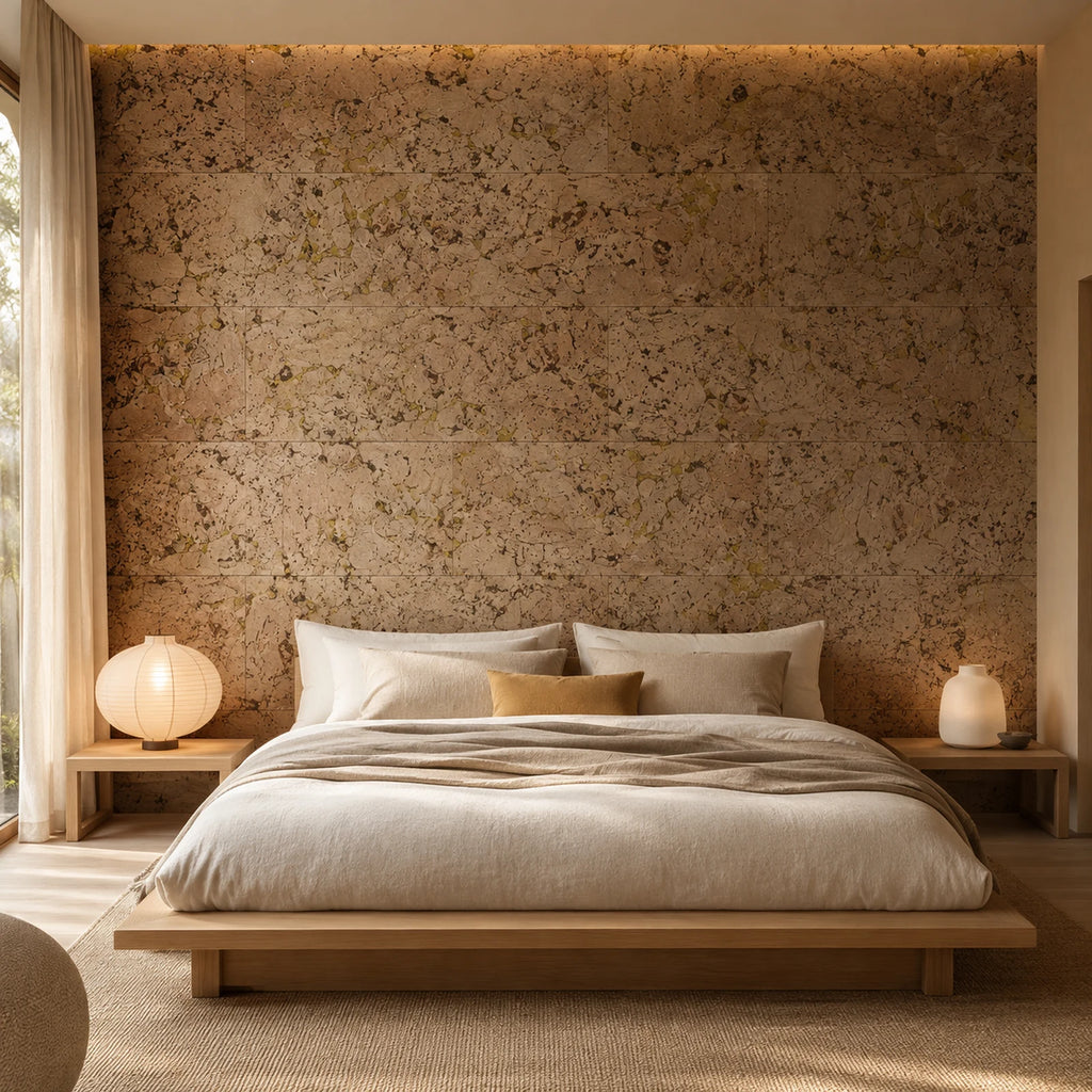 Cloud Yellow cork wall tile shown in a conceptual residential interior visualization