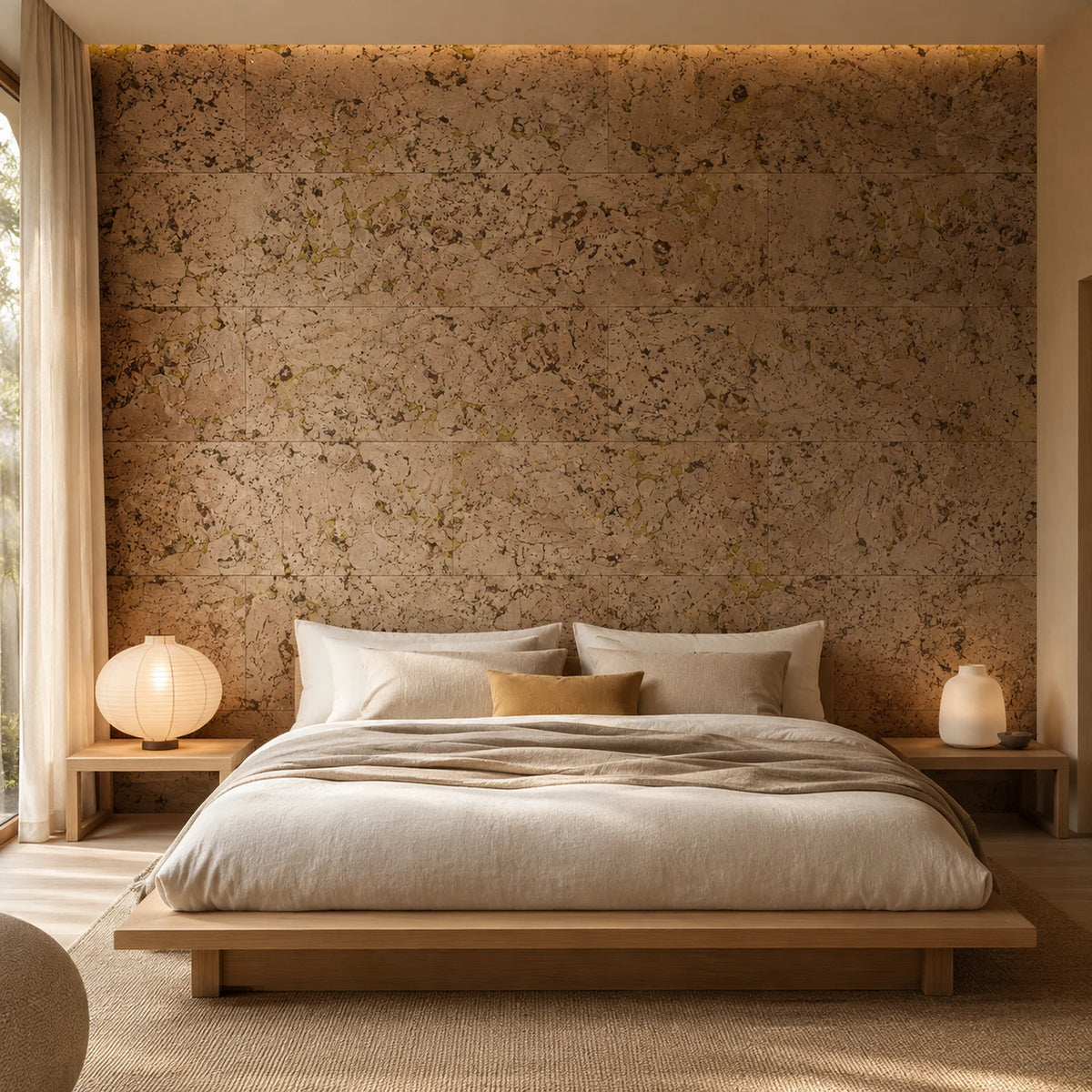 Cloud Yellow cork wall tile shown in a conceptual residential interior visualization