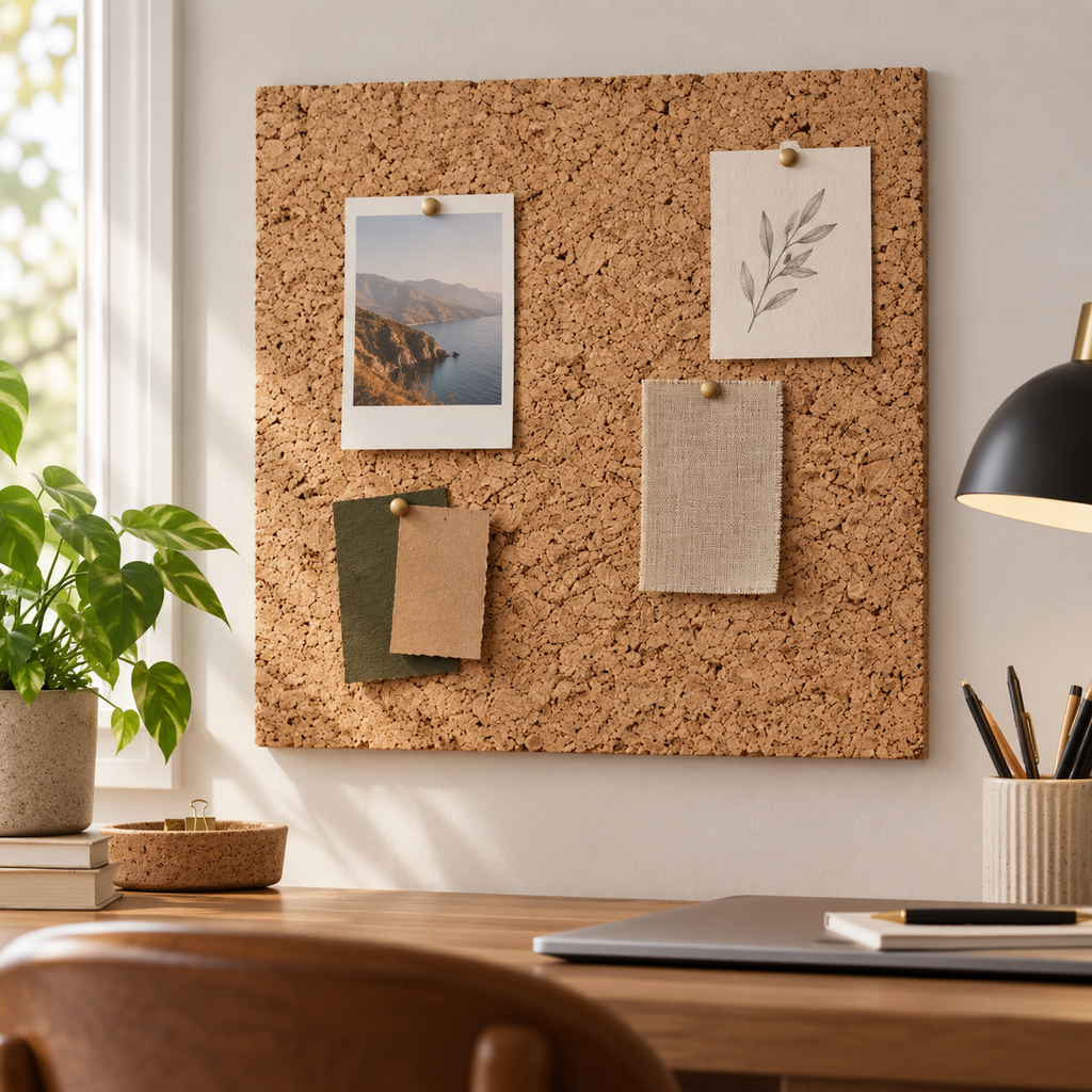Coarse-Grained Agglomerated Cork Sheets used as a cork pinboard in a workspace