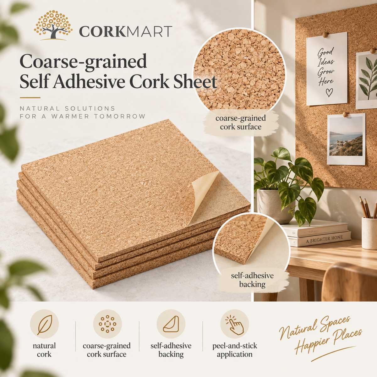 CorkMart editorial collage for Coarse-grained Self Adhesive Cork Sheet