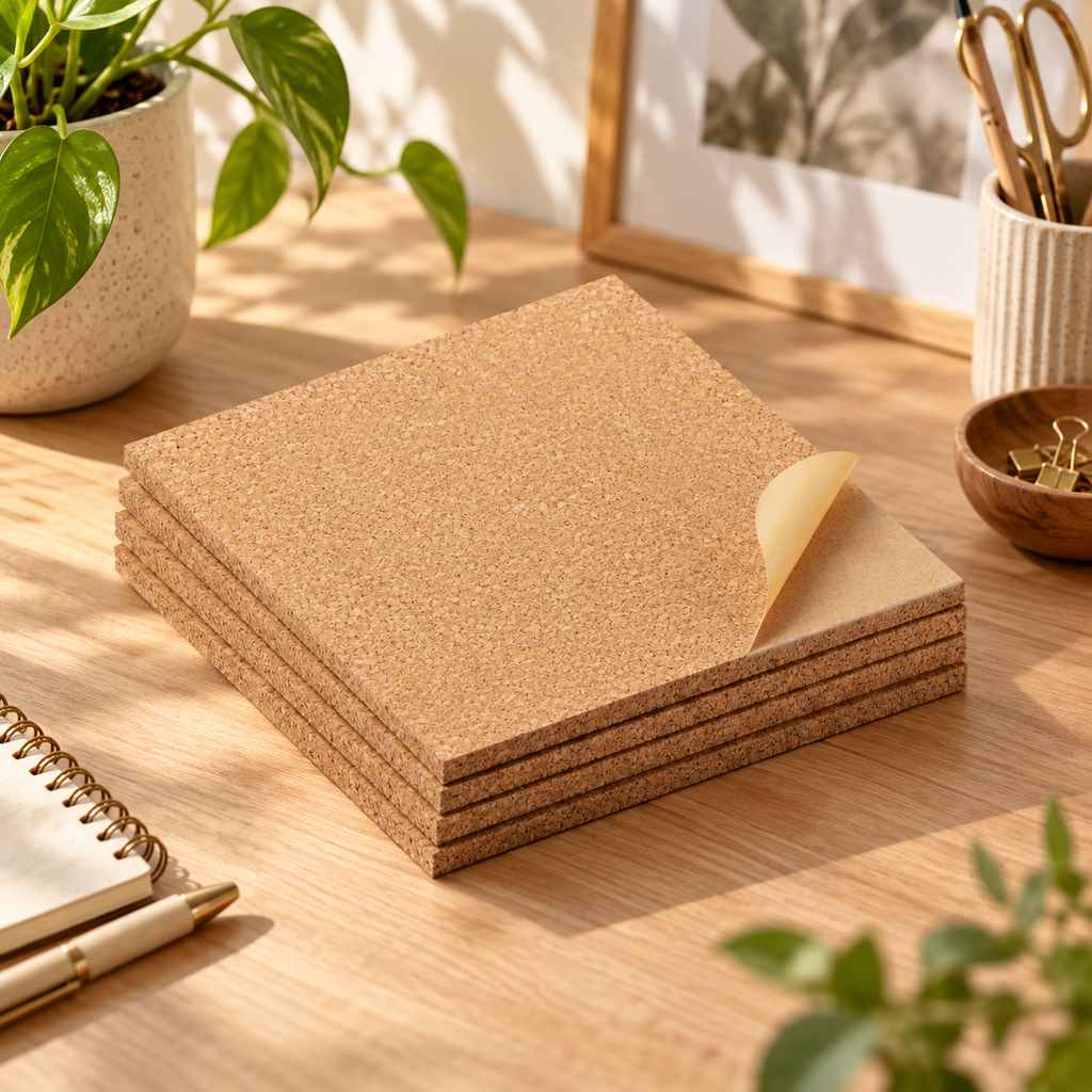 Coarse-grained Self Adhesive Cork Sheet in a premium natural workspace setting