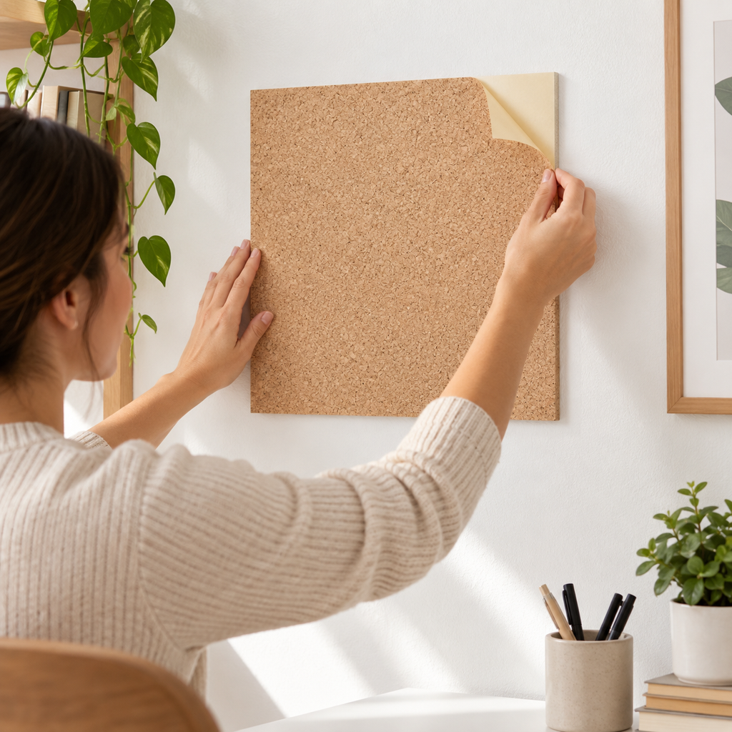 Coarse-grained Self Adhesive Cork Sheet being applied to a wall